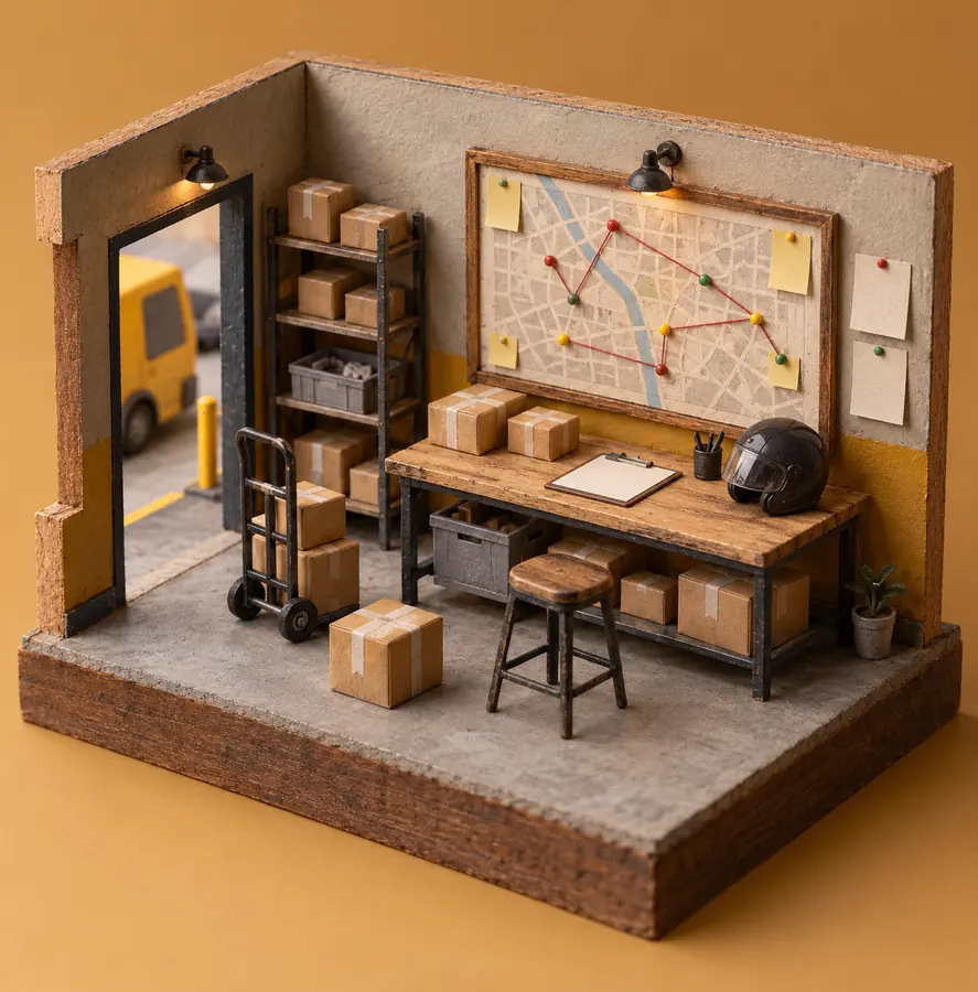Illustration of courier businesses equipment and workspace